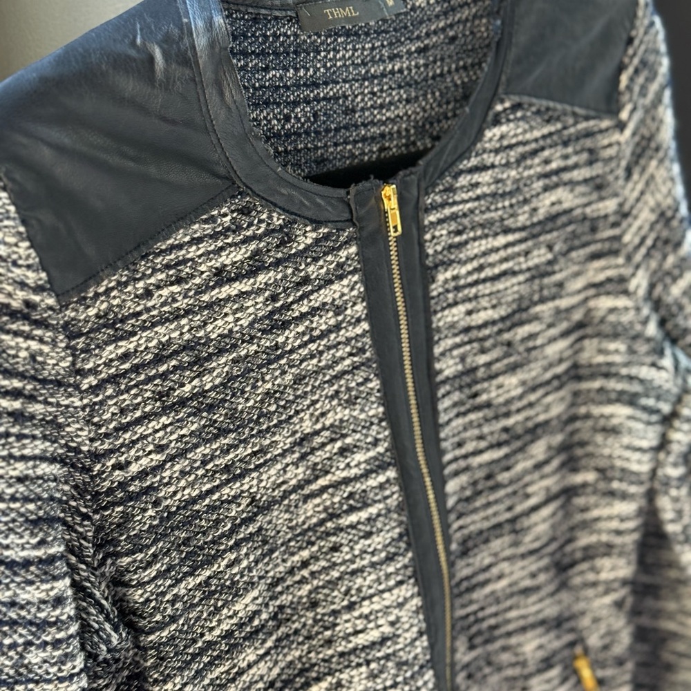 THML Navy and White Textured Knit Jacket with Leather Accents size Medium